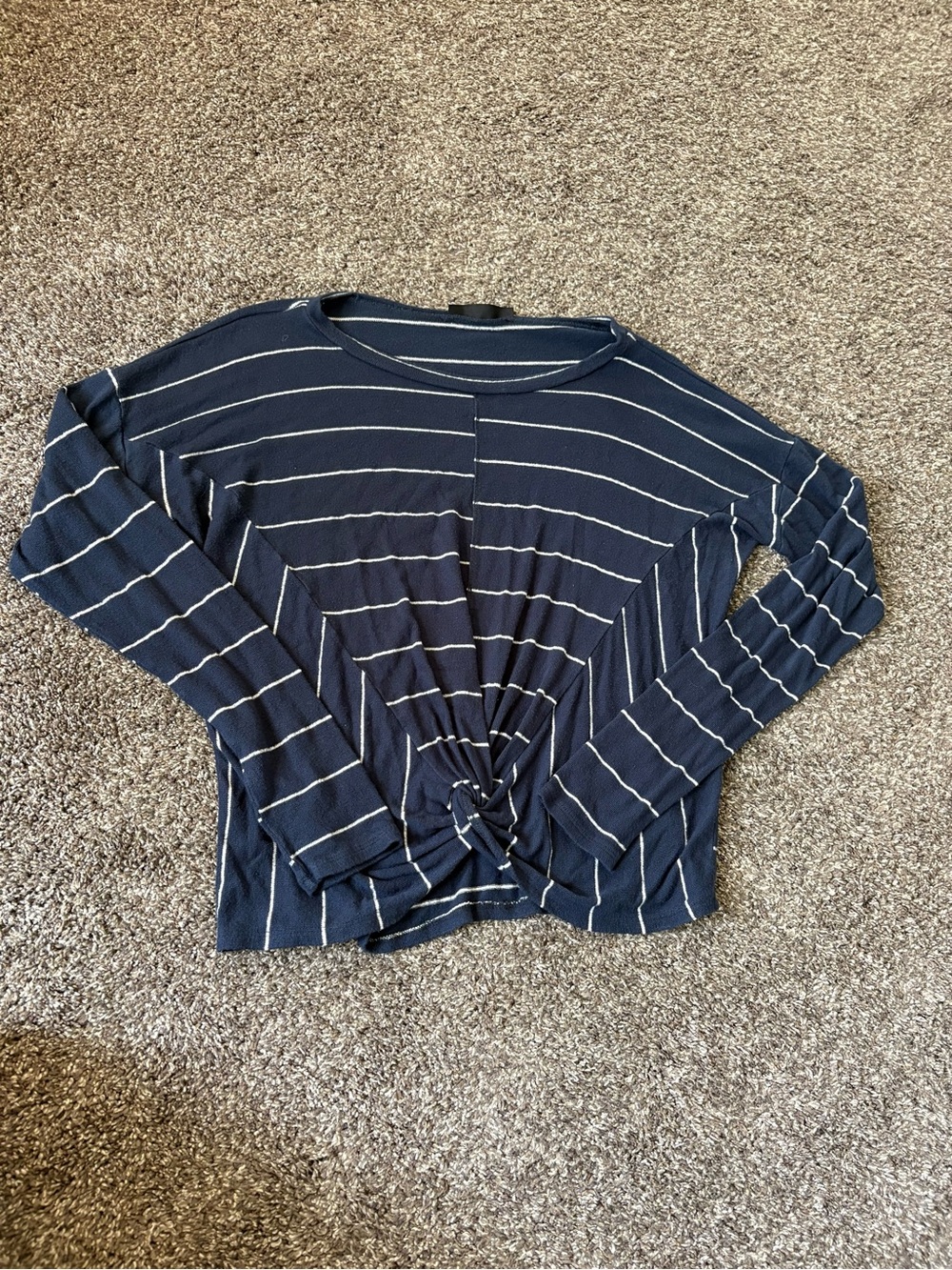 Ollie & Chloe Navy Striped Knot-Front Long Sleeve Crew Sweater